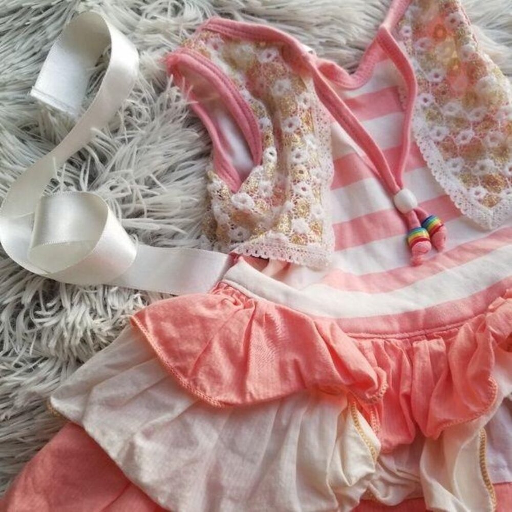 Girls Kajol Dress 16 With Lace & Ribbon Accents layered pretty Pink & White 3-9m